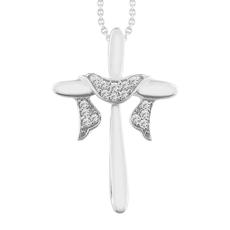 LADIES CROSS PENDANT 0.05CT ROUND DIAMOND 10K WHITE GOLD