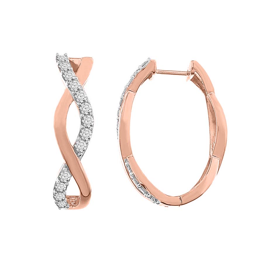 LADIES HOOP EARRINGS 1.00CT ROUND DIAMOND 10K ROSE GOLD