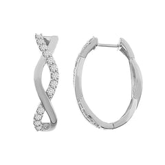 LADIES HOOP EARRINGS 1.00CT ROUND DIAMOND 10K WHITE GOLD