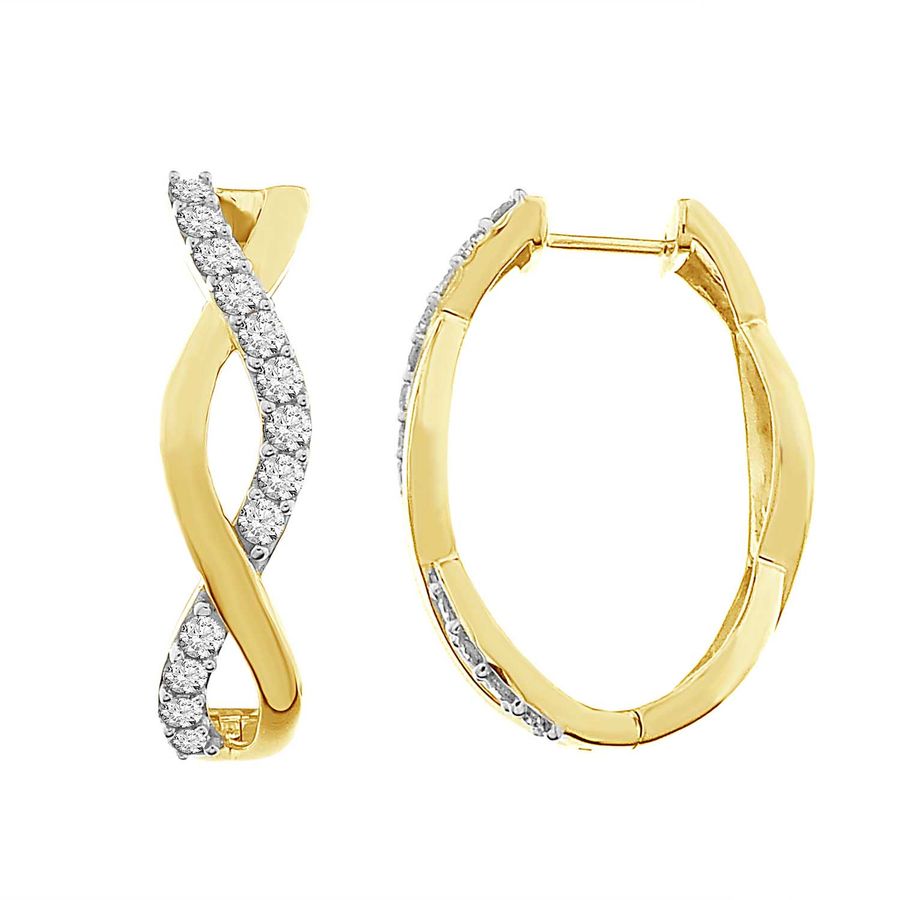 LADIES HOOP EARRINGS 1.00CT ROUND DIAMOND 10K YELLOW GOLD