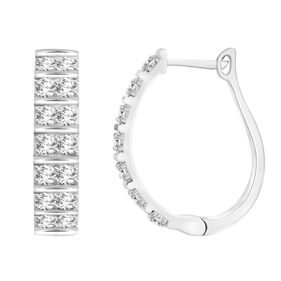 LADIES HOOP EARRINGS 1.50CT ROUND DIAMOND 10K WHITE GOLD