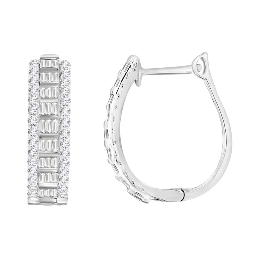 LADIES HOOP EARRINGS 0.50CT ROUND/BAGUETTE DIAMOND 10K WHITE GOLD