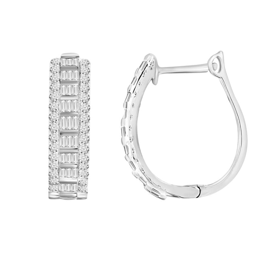 LADIES HOOP EARRINGS 1.00CT ROUND/BAGUETTE DIAMOND 10K YELLOW GOLD