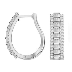 LADIES HOOP EARRINGS 1.50CT ROUND/BAGUETTE DIAMOND 10K WHITE GOLD