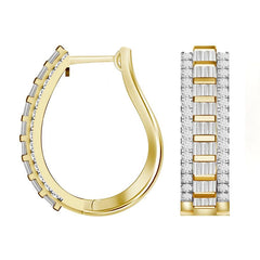 LADIES HOOP EARRINGS 1.50CT ROUND/BAGUETTE DIAMOND 10K YELLOW GOLD