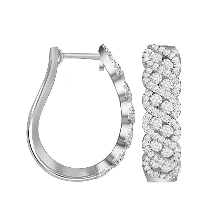 LADIES HOOP EARRINGS 1.00CT ROUND DIAMOND 14K WHITE GOLD