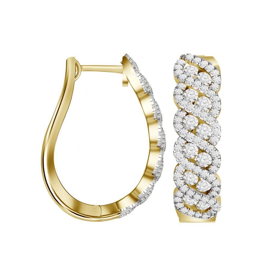 LADIES HOOP EARRINGS 1.00CT ROUND DIAMOND 14K YELLOW GOLD