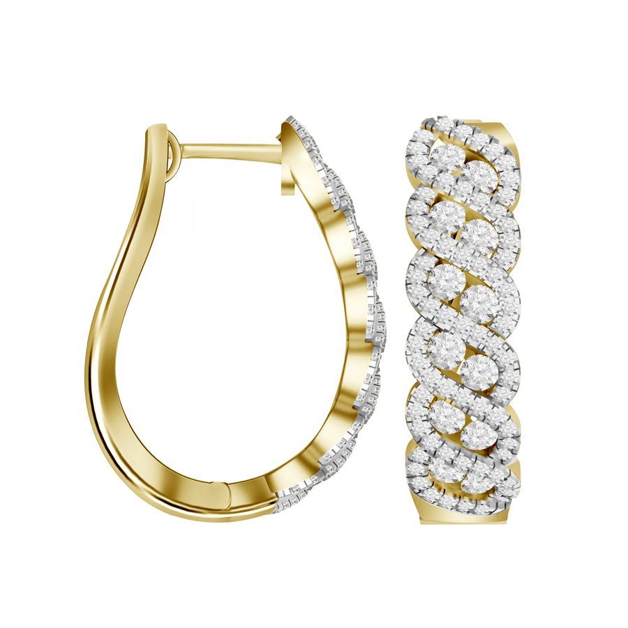 LADIES HOOP EARRINGS 1.50CT ROUND DIAMOND 14K YELLOW GOLD