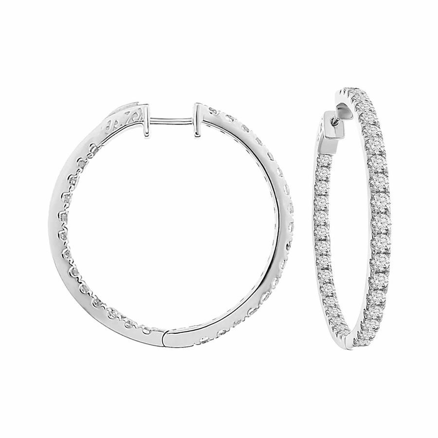 LADIES HOOP EARRINGS 7.00CT ROUND DIAMOND 10K WHITE GOLD