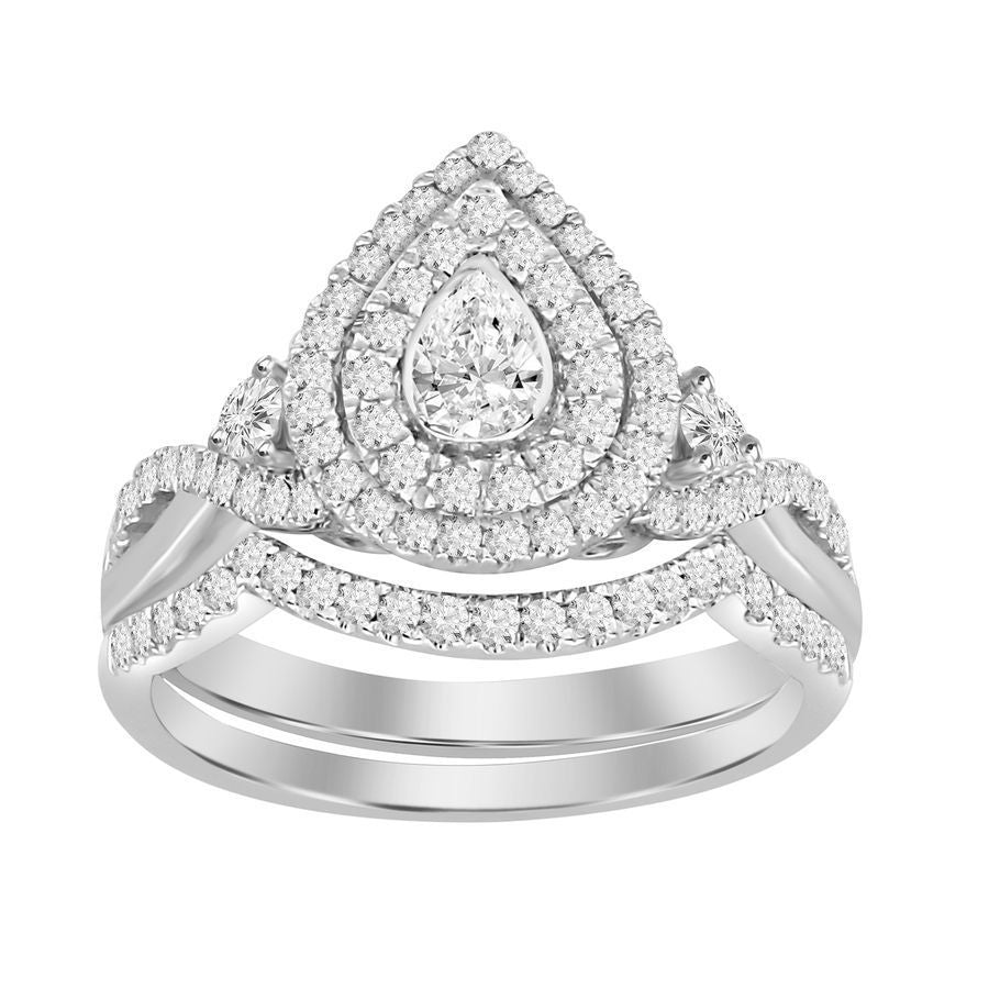 LADIES BRIDAL SET 0.75CT ROUND/PEAR DIAMOND 14K WHITE GOLD (CENTER STONE 0.10CT PEAR DIAMOND)