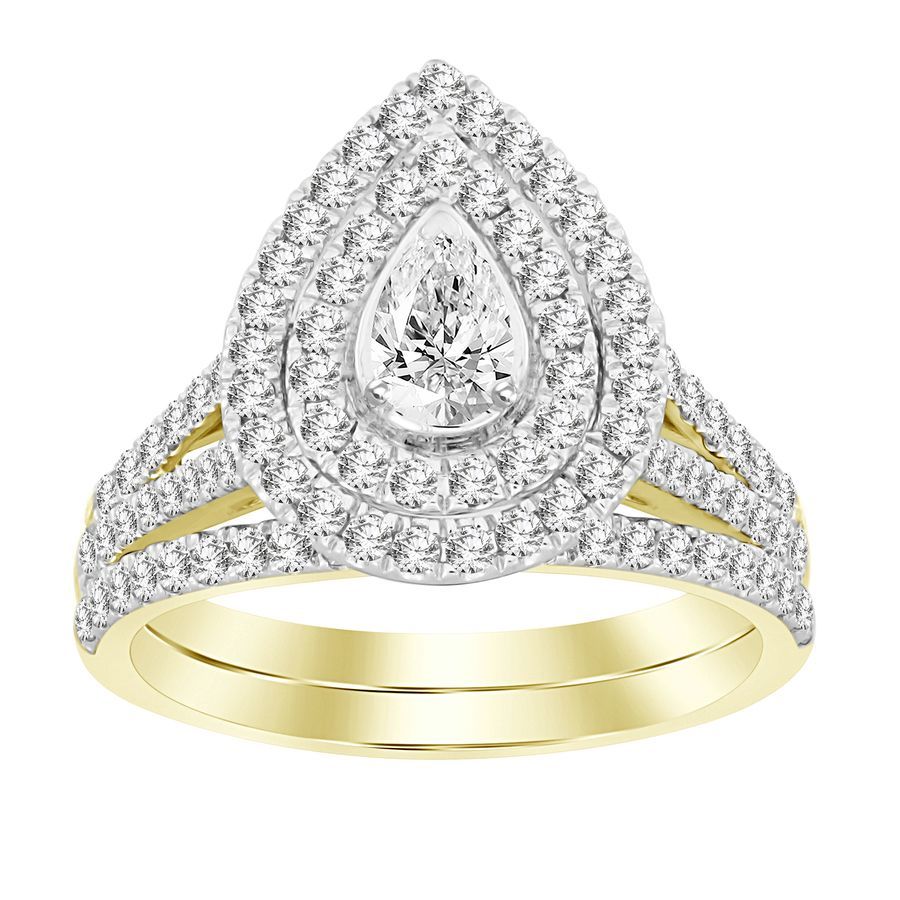 LADIES BRIDAL SET 1.00CT ROUND/PEAR DIAMOND 14K YELLOW GOLD