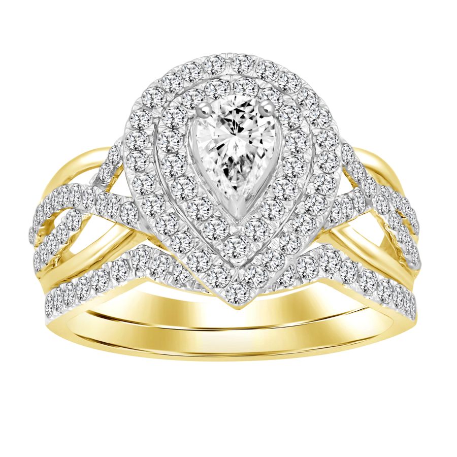 LADIES BRIDAL SET 1.00CT ROUND/PEAR DIAMOND 14K YELLOW GOLD (CENTER STONE 0.20CT PEAR DIAMOND)