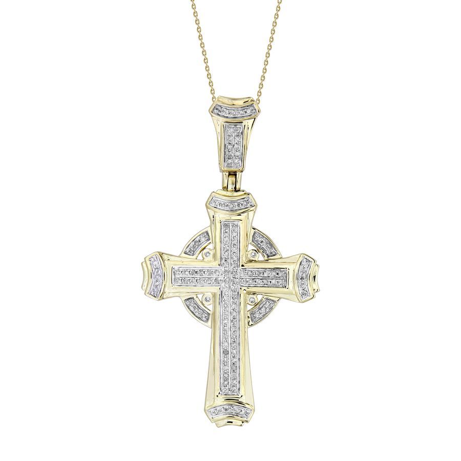 MEN'S CROSS CHARM 0.30CT ROUND DIAMOND 10K YELLOW GOLD