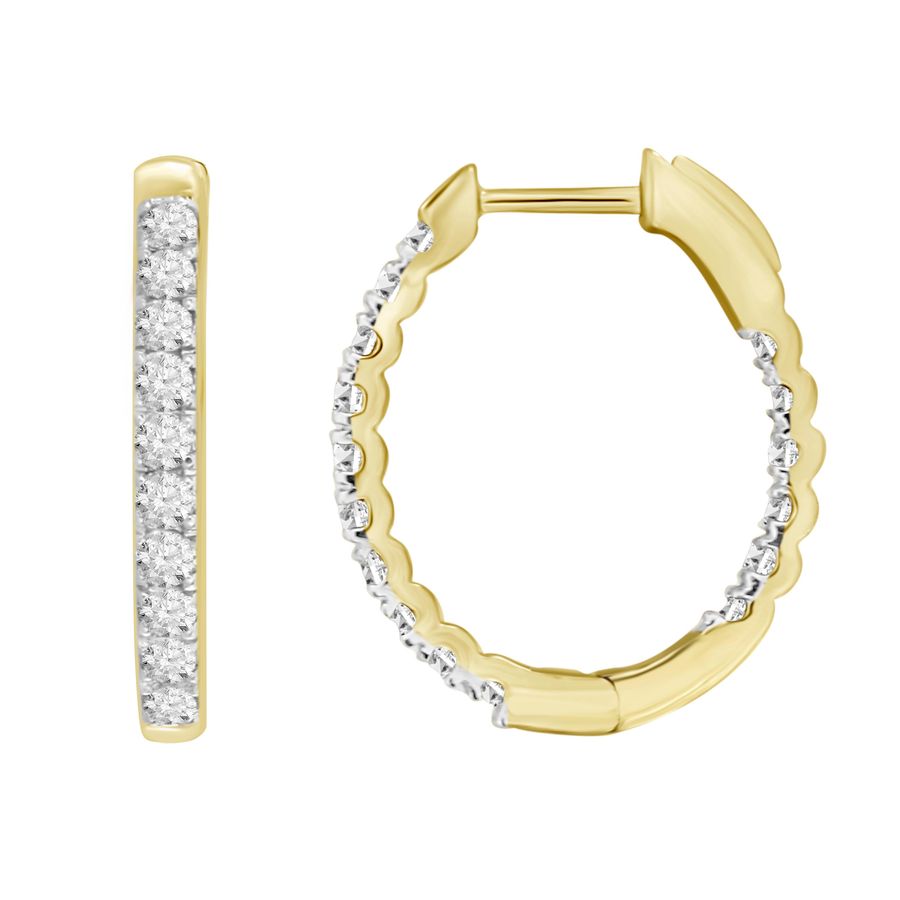 LADIES HOOP EARRINGS 1.00CT ROUND DIAMOND 14K YELLOW GOLD (SI QUALITY)