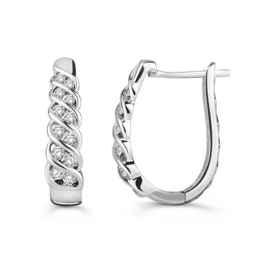 LADIES HOOP EARRINGS 0.50CT ROUND DIAMOND 14K WHITE GOLD