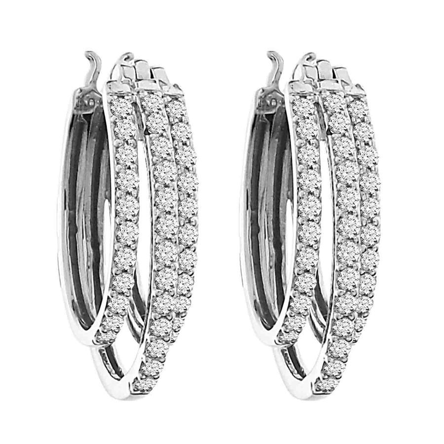 LADIES HOOP EARRINGS 1.00CT ROUND DIAMOND 14K WHITE GOLD