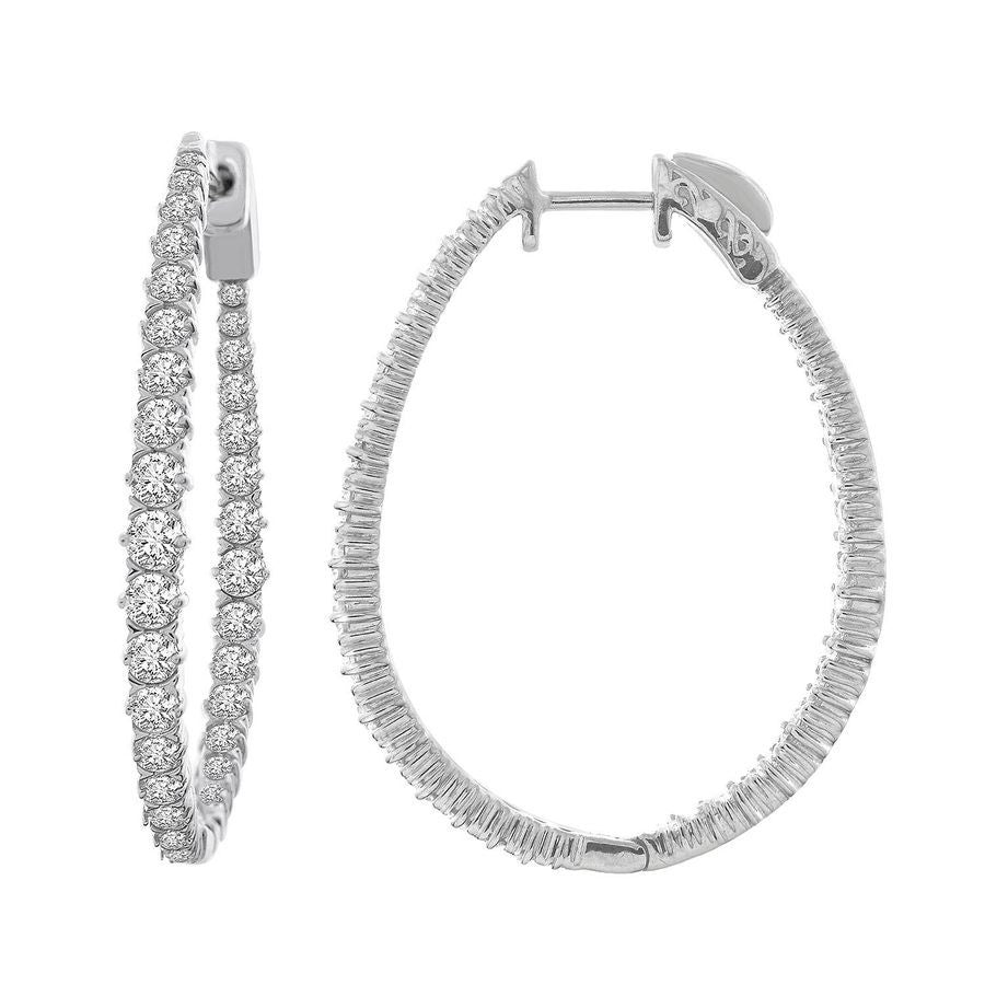 LADIES HOOP EARRINGS 3.00CT ROUND DIAMOND 14K WHITE GOLD