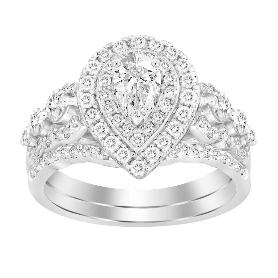 LADIES BRIDAL SET 1.50CT ROUND/PEAR DIAMOND 14K WHITE GOLD