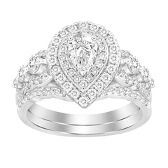 LADIES BRIDAL SET 1.50CT ROUND/PEAR DIAMOND 14K WHITE GOLD