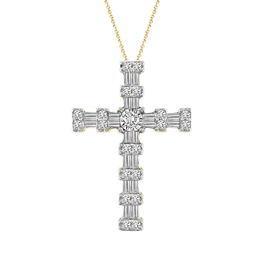 LADIES CROSS PENDANT 0.25CT ROUND/BAGUETTE DIAMOND 10K YELLOW GOLD