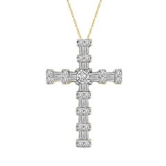 LADIES CROSS PENDANT 0.25CT ROUND/BAGUETTE DIAMOND 10K YELLOW GOLD