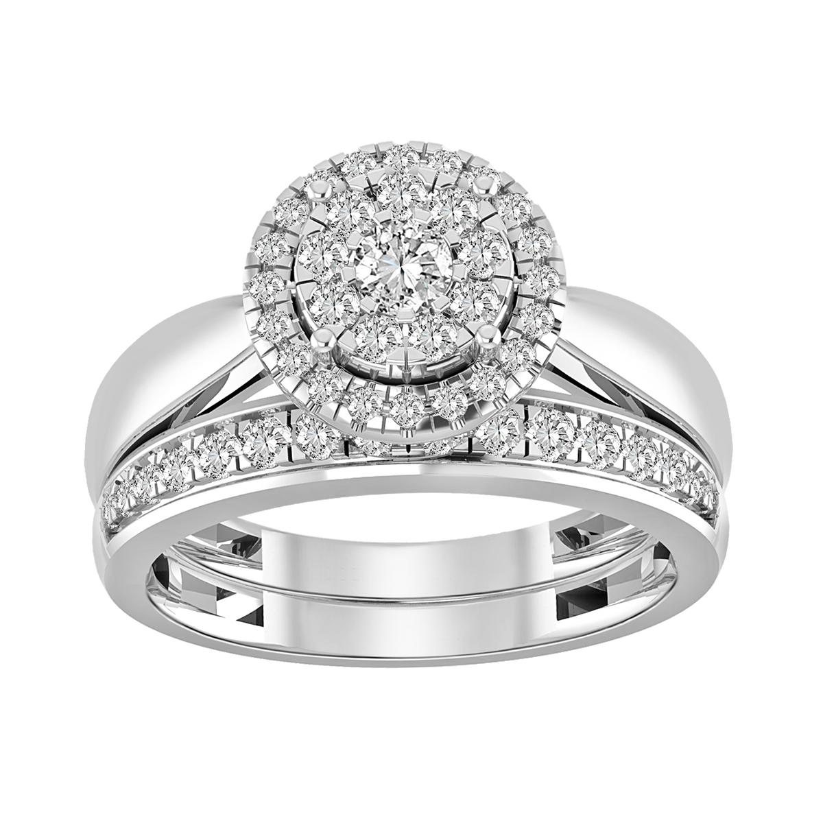 LADIES BRIDAL SET 0.75CT ROUND DIAMOND 14K WHITE GOLD