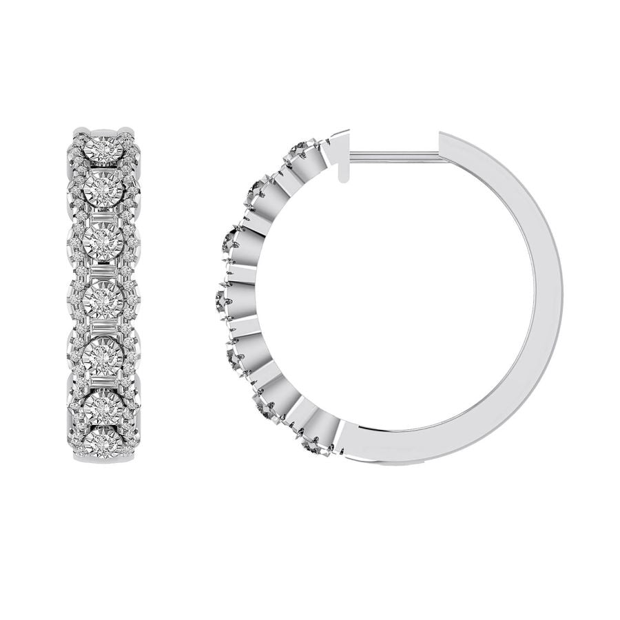 LADIES HOOP EARRINGS 1.00CT ROUND/BAGUETTE DIAMOND 14K WHITE GOLD