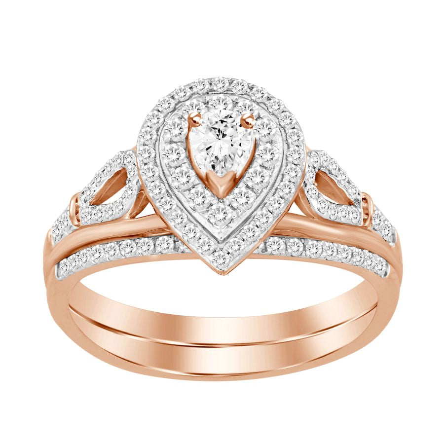 LADIES BRIDAL SET 0.50CT ROUND/PEAR DIAMOND 14K ROSE GOLD (CENTER STONE 0.10CT PEAR DIAMOND)