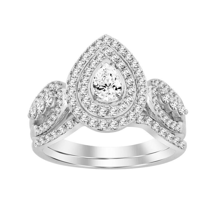 LADIES BRIDAL SET 1.00CT ROUND/PEAR DIAMOND 14K WHITE GOLD (CENTER STONE 0.20CT PEAR DIAMOND)