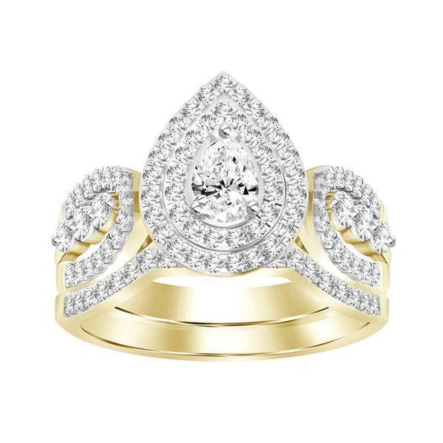 LADIES BRIDAL SET 1.00CT ROUND/PEAR DIAMOND 14K YELLOW GOLD (CENTER STONE 0.20CT PEAR DIAMOND)