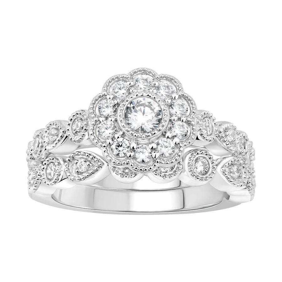 LADIES BRIDAL SET 0.75CT ROUND DIAMOND 14K WHITE GOLD