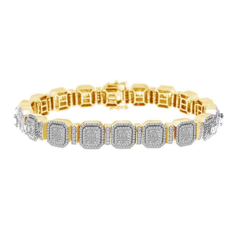 MEN'S BRACELET 7.50CT ROUND/BAGUETTE DIAMOND 14K YELLOW GOLD