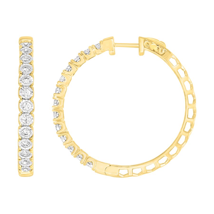 LADIES HOOP EARRINGS 1.00CT ROUND DIAMOND 14K YELLOW GOLD