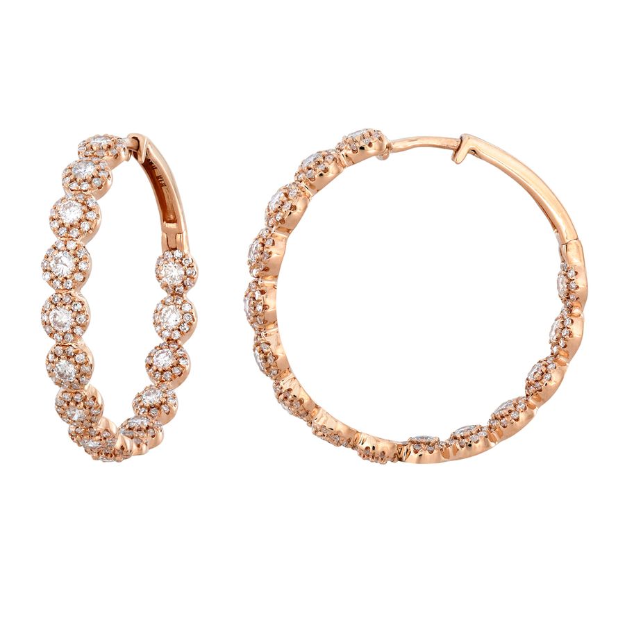 LADIES HOOP EARRINGS 1.50CT ROUND DIAMOND 14K ROSE GOLD