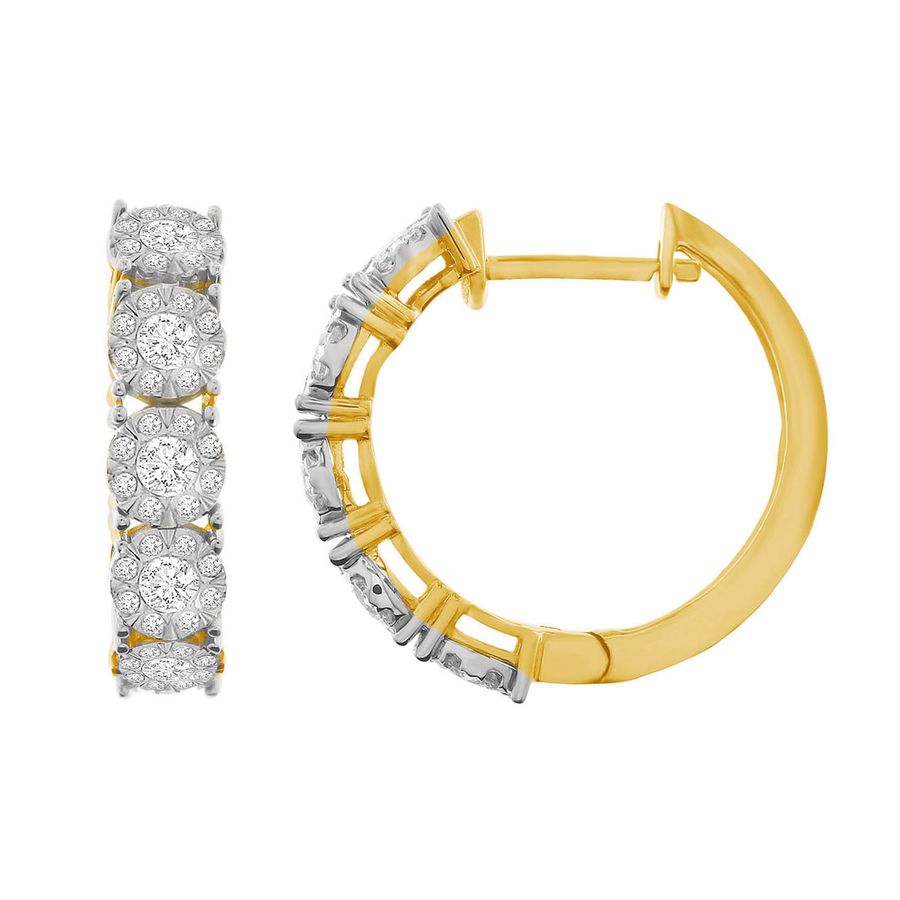 LADIES HOOP EARRINGS 1.00CT ROUND DIAMOND 10K YELLOW GOLD