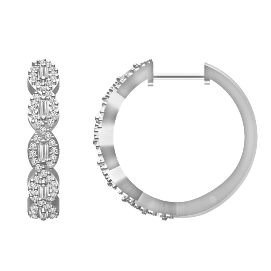 LADIES HOOP EARRINGS 0.50CT ROUND/BAGUETTE DIAMOND 10K WHITE GOLD