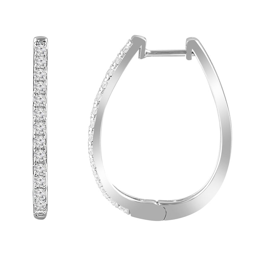 LADIES HOOP EARRINGS 0.50CT ROUND DIAMOND 10K WHITE GOLD