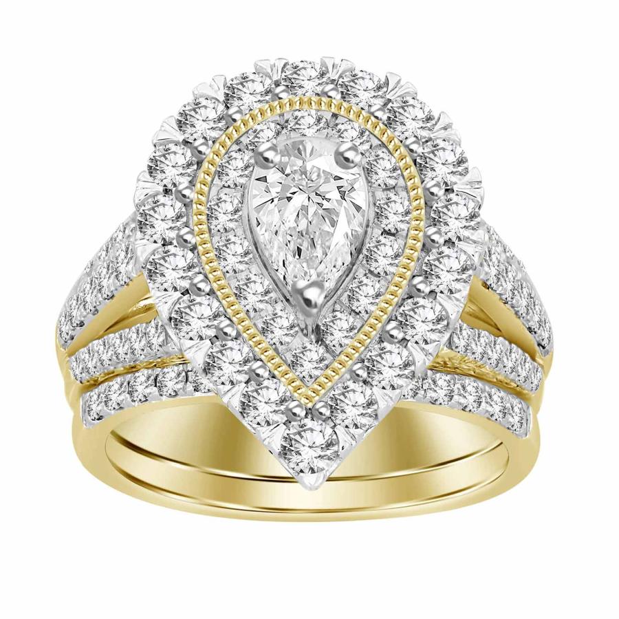 LADIES BRIDAL SET 2.00CT ROUND/PEAR DIAMOND 14K YELLOW GOLD (CENTER STONE 0.40CT PEAR DIAMOND)