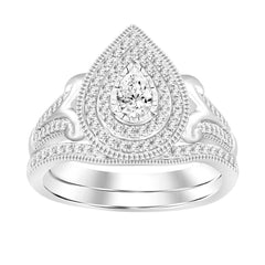 LADIES BRIDAL SET 0.50CT ROUND/PEAR DIAMOND 14K WHITE GOLD (CENTER STONE 0.12CT PEAR DIAMOND)