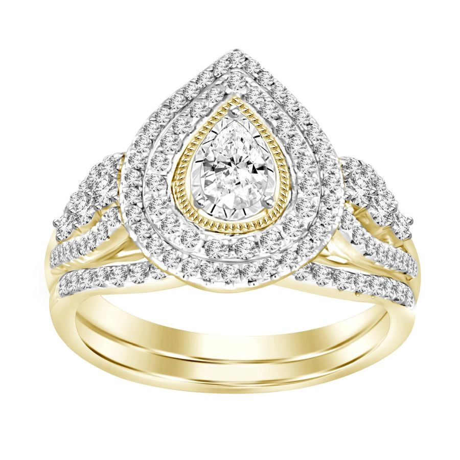 LADIES BRIDAL SET 0.75CT ROUND/PEAR DIAMOND 14K YELLOW GOLD