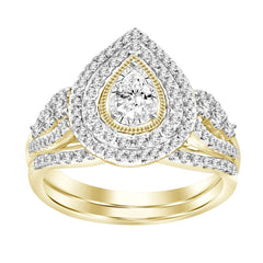 LADIES BRIDAL SET 0.75CT ROUND/PEAR DIAMOND 14K YELLOW GOLD