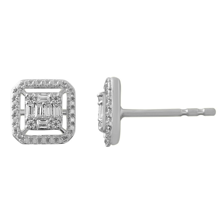 LADIES STUD EARRINGS 0.15CT ROUND/BAGUETTE DIAMOND 10K WHITE GOLD