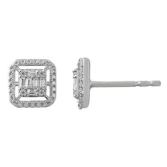 LADIES STUD EARRINGS 0.15CT ROUND/BAGUETTE DIAMOND 10K WHITE GOLD