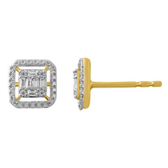 LADIES STUD EARRINGS 0.16CT ROUND/BAGUETTE DIAMOND 10K YELLOW GOLD