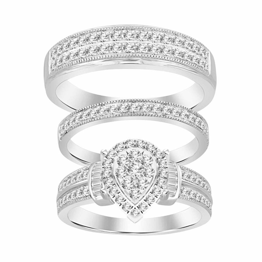 LADIES TRIOS SET 1.00CT ROUND/BAGUETTE DIAMOND 10K WHITE GOLD