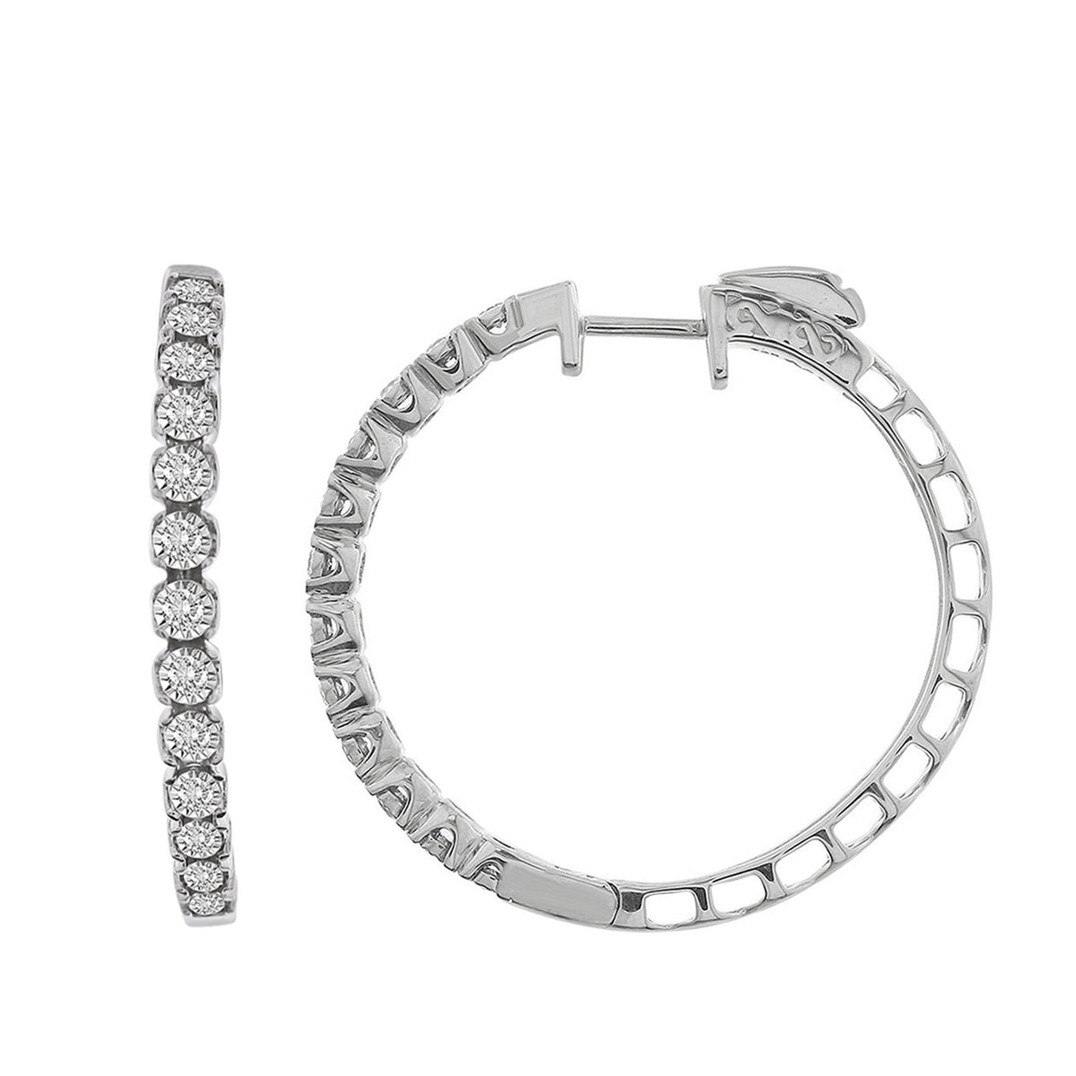 LADIES HOOP EARRINGS 1.00CT ROUND DIAMOND 10K WHITE GOLD