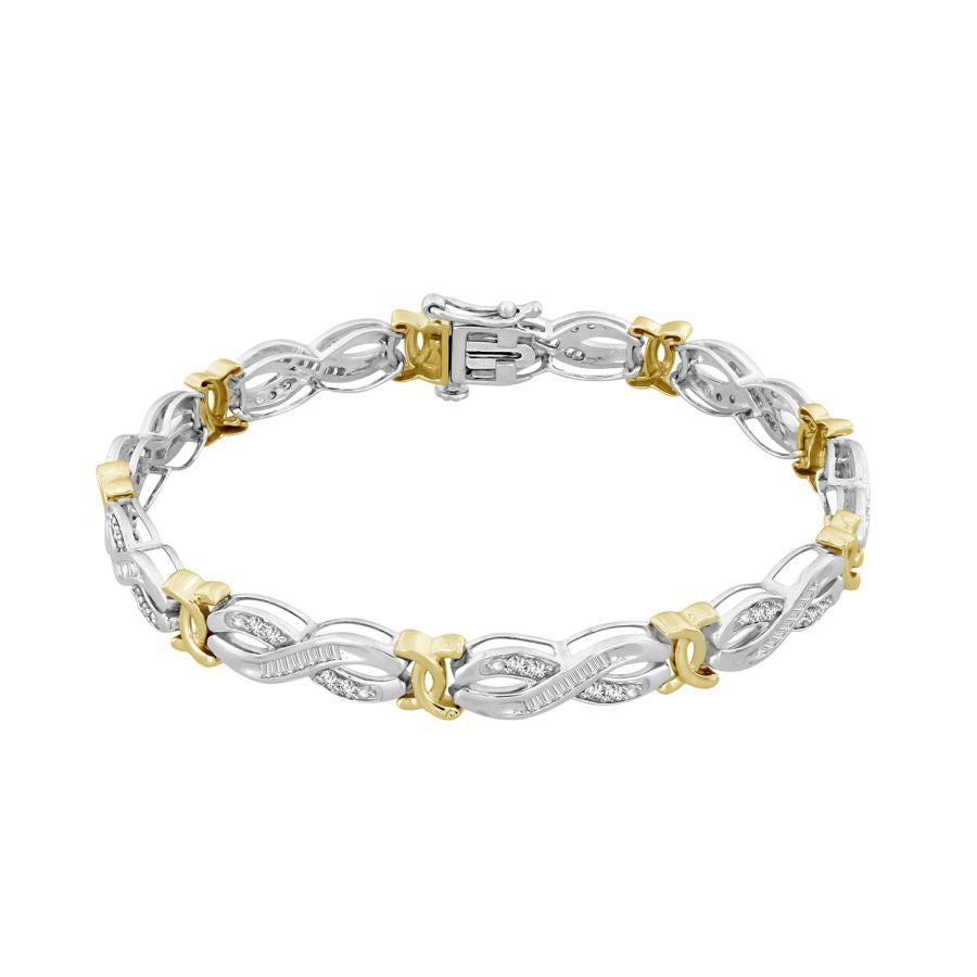 LADIES BRACELET 1.00CT ROUND/BAGUETTE DIAMOND 10K WHITE/YELLOW GOLD