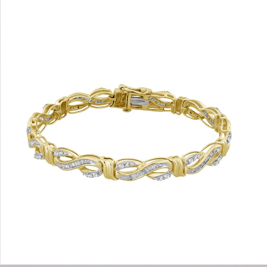 LADIES BRACELET 1.00CT ROUND/BAGUETTE DIAMOND 10K YELLOW GOLD