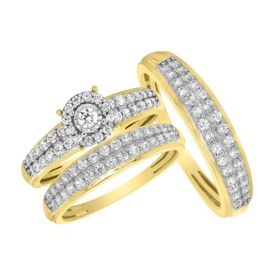 UNISEX TRIOS SET 1.00CT ROUND DIAMOND 10K YELLOW GOLD