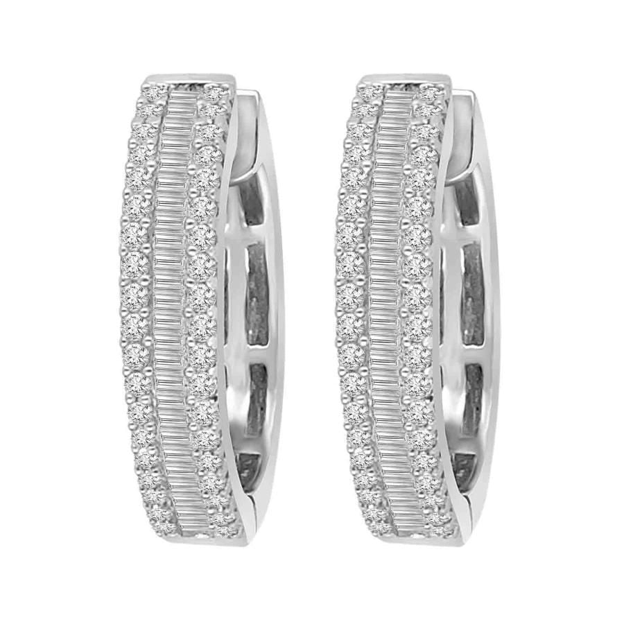 LADIES HOOP EARRINGS 0.50CT ROUND/BAGUETTE DIAMOND 10K WHITE GOLD